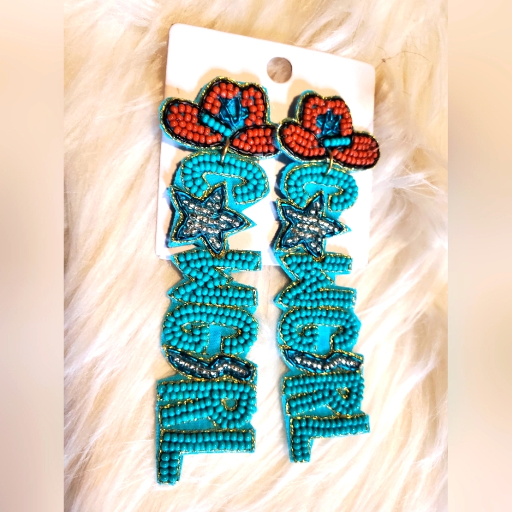 NEW Western Turquoise Cowgirl Beaded Shimmer Hat Earrings Star detail - Picture 6 of 8